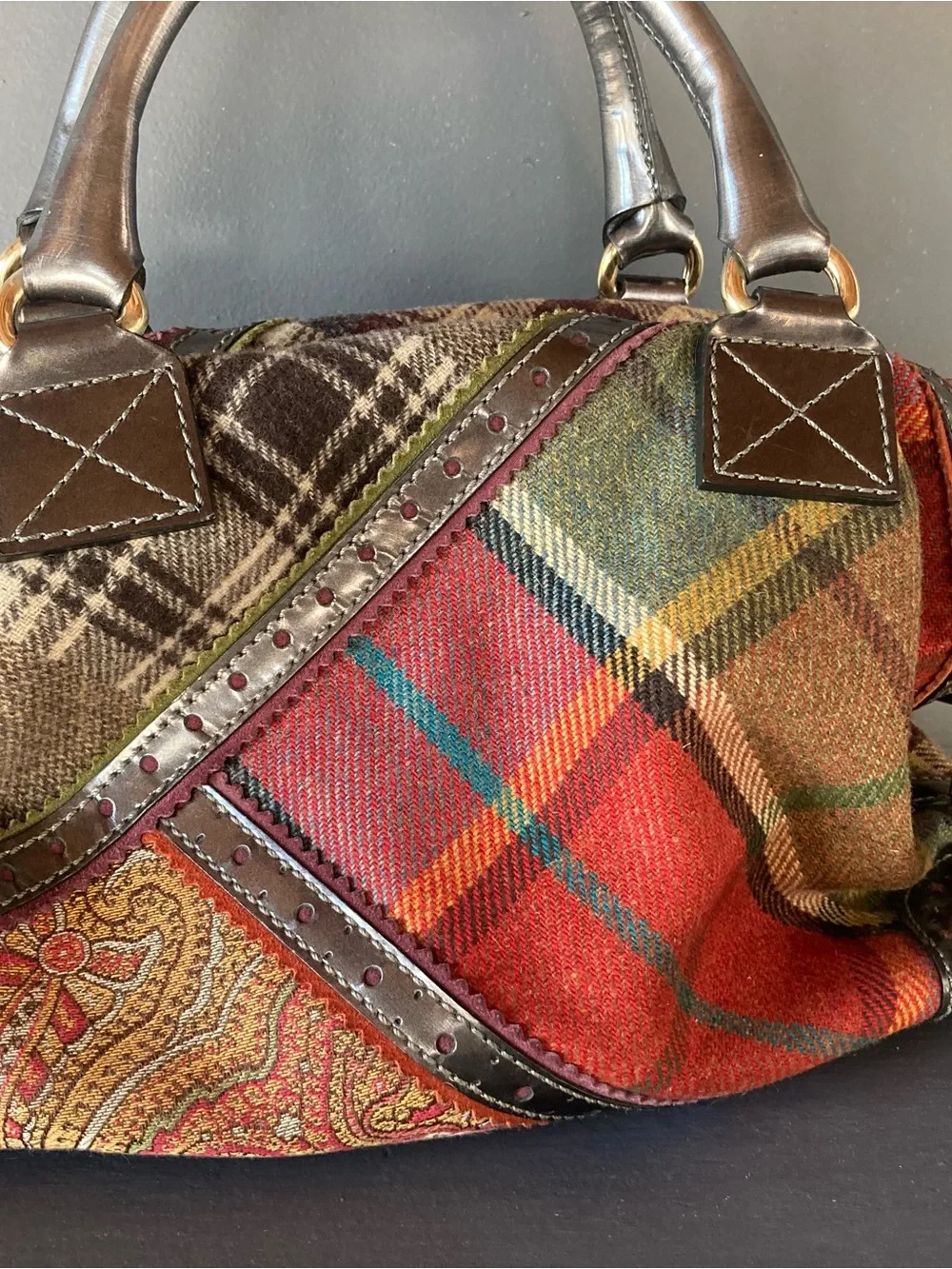 Etro Multicolor Plaid & Paisley Satchel Handbag